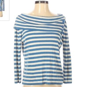 Requirements Blue White Stripe Button Cowl Neck Top 3/4 Sleeve Women's Small S